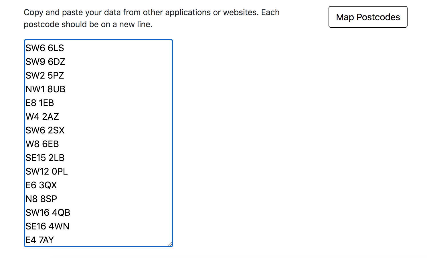 input form with postcodes